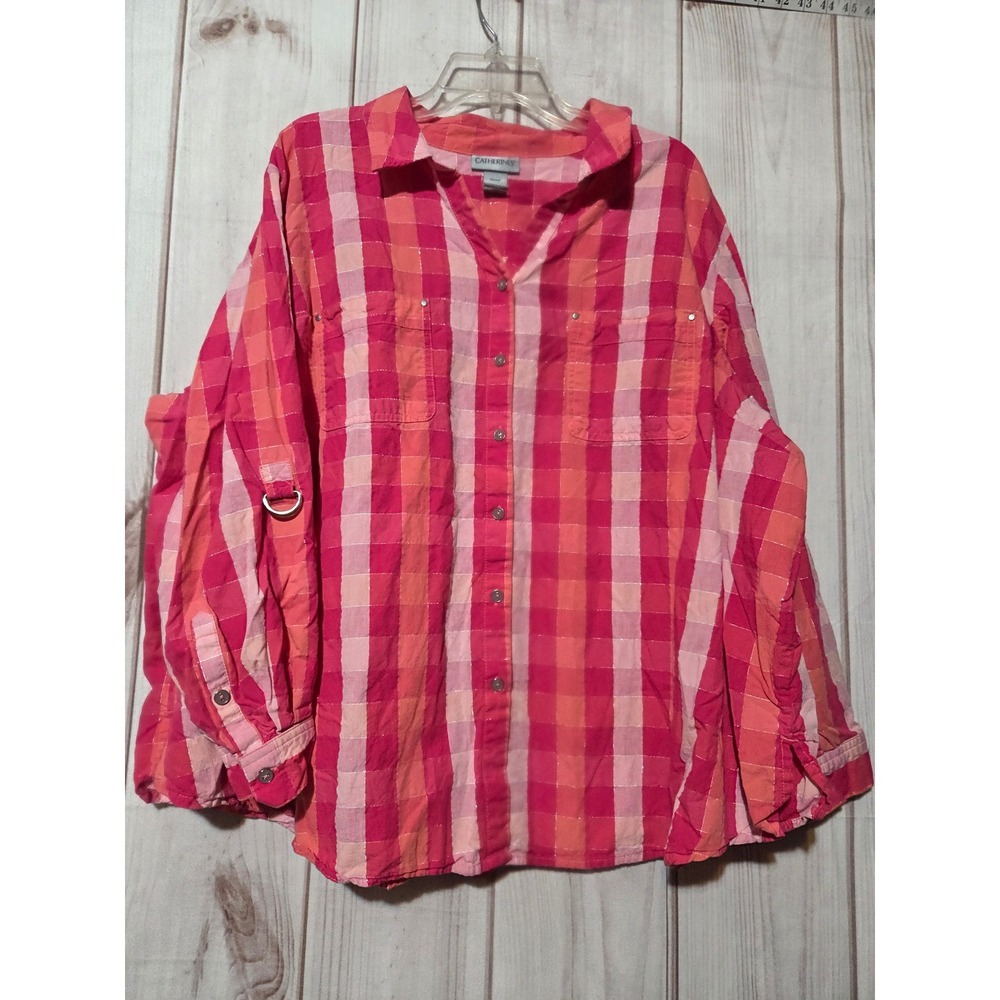 Catherines Pink Orange Plaid Metallic Roll Tab Button Down Shirt 3XWP Womens
